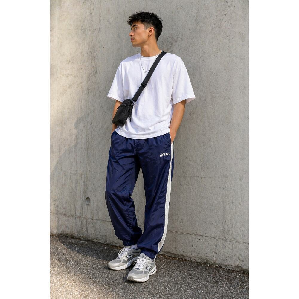 Vintage ASICS Track Pants Navy Blue White Stripe Windbreaker XL